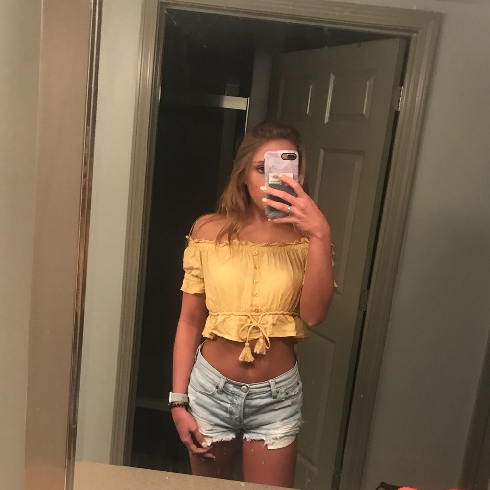 yellow off the shoulder crop top by l.a. hearts!